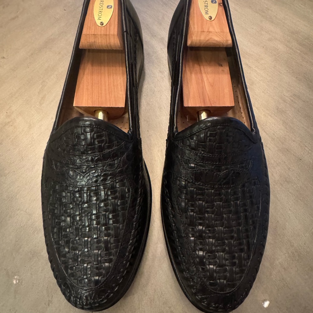Santoni Black Leather Woven Loafers